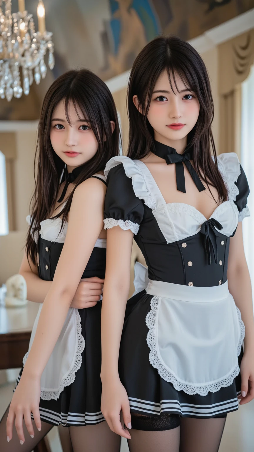 (2girls, twins:1.3), (beauty girls, delicate girls:1.3), (20 years old:1.3),
break, (cute maid uniform, ruffle blouse, pink ribbon tie, skirt:1.2),
break, (maid cafe:1.2),
break, very fine eyes, (symmetrical eyes:1.3),
break, (huge breasts:1.2), brown eyes, parted bangs, brown hair, Voluptuous things,
break, (eyes and faces with detailed:1.0),
break, (masterpiece, best quality, ultra detailed, detailed face, 8k)