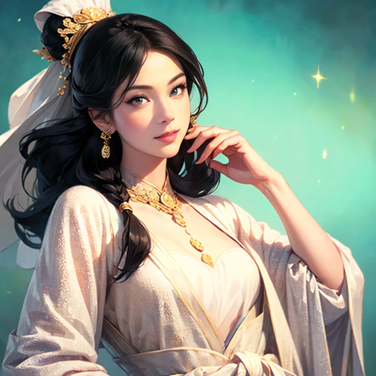(( Long release hairstyle )), Three ????? period paintings  , Female solo ,  Beautiful young woman ,  meme,  , (  black hair ),   set her eyes straight , Varied forms of facial expression,amazing background ,  Blurred image ,(((1 woman ))) ,Portrait from waist to head , professional , Small smile  ,???? posture ,Women wear woolen clothes
