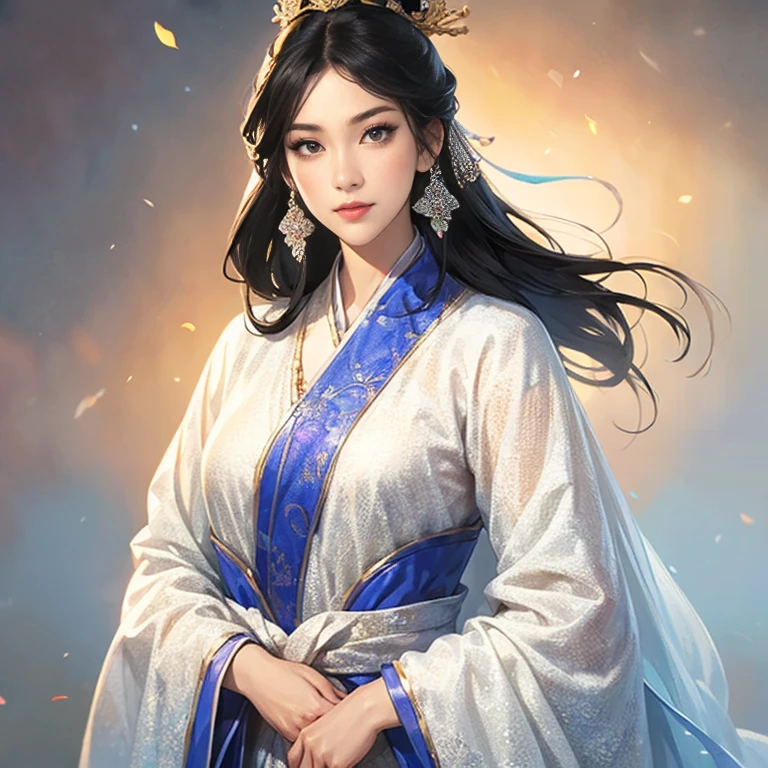 (( Long release hairstyle )), Three cocks period paintings  , Female solo ,  Beautiful young woman ,  meme,  , (  black hair ),   set her eyes straight , Varied forms of facial expression,amazing background ,  Blurred image ,(((1 woman ))) ,Portrait from waist to head , professional , Small smile  ,sexy posture ,Women wear woolen clothes