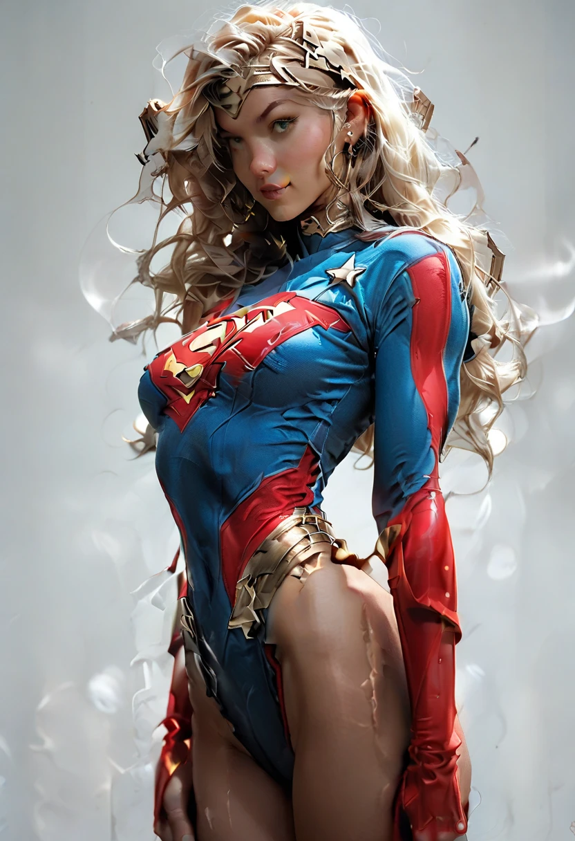 Best quality, 8K, action pose, woman vintage super hero, beautiful and detailed face, blonde curly long hair,big eyelashes,LOOKING TO observer,red and blue metalic armour over bodystocking, black belt,over the knee boots,white neutral scenario