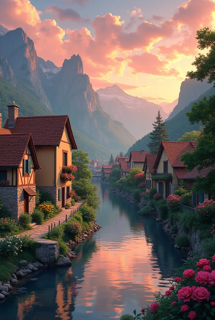 a small village by the river, mountains in the background, floral flowers colorful, detailed landscape, Beautiful natural landscapes, atmospheric lighting, scorching sunset, warm colours, practical, photopractical, Detailed Foliage, complex buildings, cobblestone street, Charming country house, swirly vibrant colors, lush vegetation, Still water reflections, Picturesque, idyllic, work of art, best qualityer, 8k, extremely detaild,anime styling