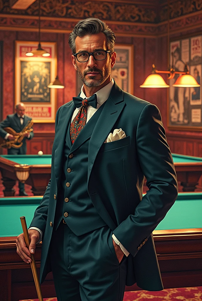 a poster idea for a man who likes jazz, and owns a billiard hall