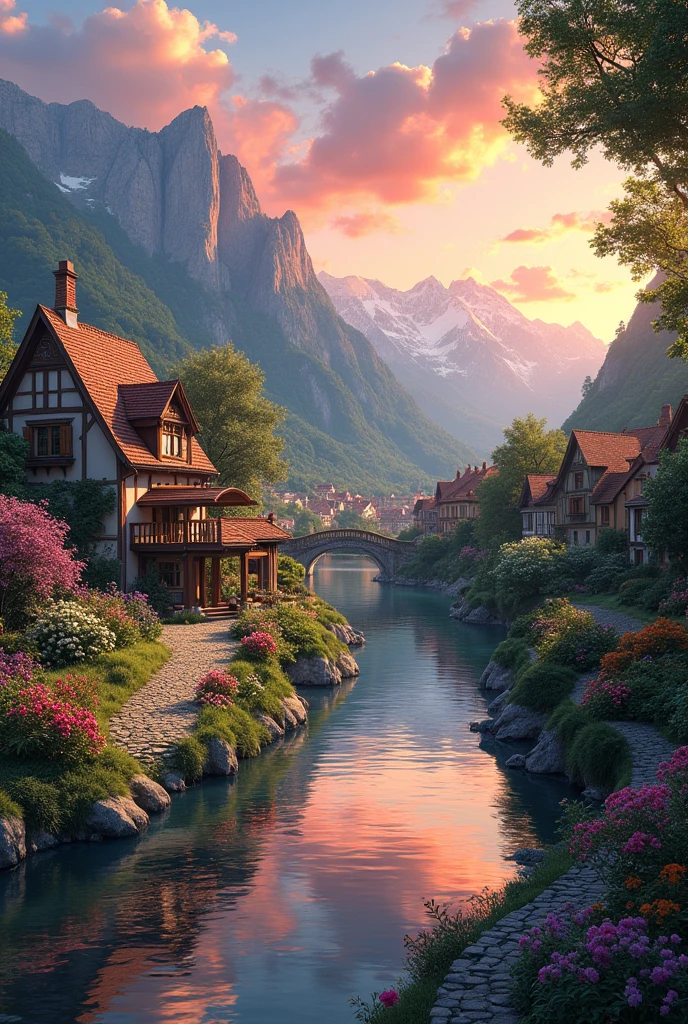 A small village by the river, mountains in the background, colorful flowers, detailed landscape style, beautiful natural scenery, atmospheric lighting,  scorching sunset ,  warm colors, practical, photographic, detailed foliage, complex buildings , cobblestone street, charming country house, vibrant colors, lush vegetation, reflections in the water, pitoresco, idyllic, work of art, Best Quality, 8k, extremely detailed, anime style