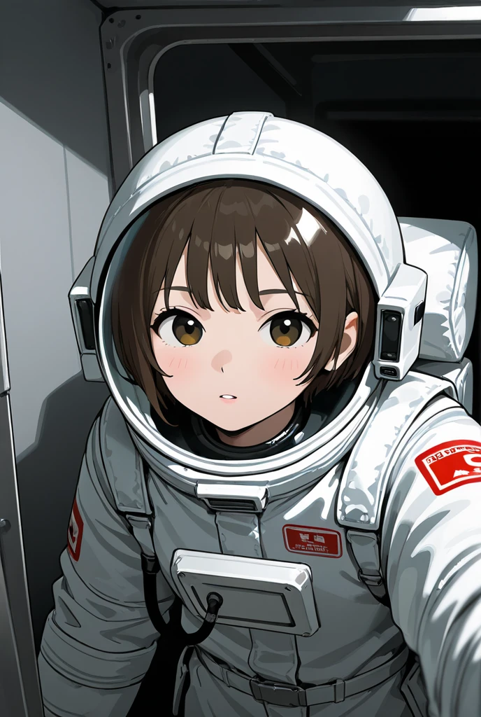 Short haired girl in astronaut costume 