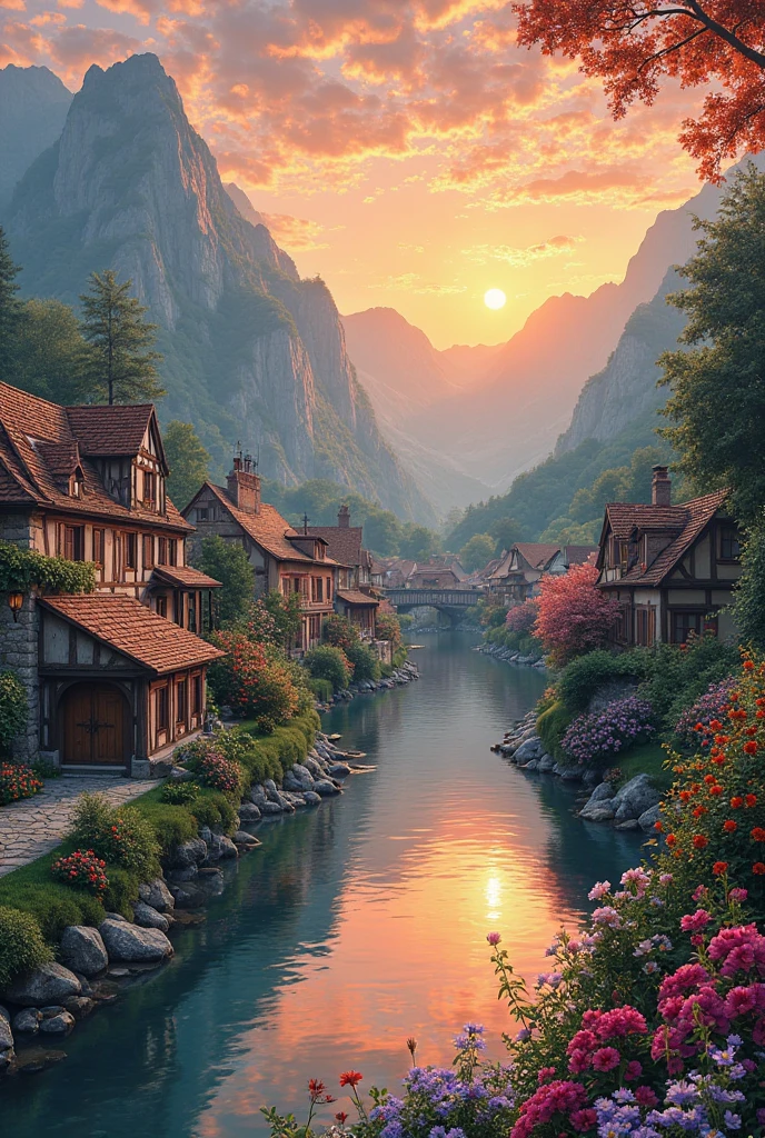 a small village by the river, mountains in the background, floral flowers colorful, detailed landscape, Beautiful natural landscapes, atmospheric lighting, scorching sunset, warm colours, practical, photopractical, Detailed Foliage, complex buildings, cobblestone street, Charming country house, swirly vibrant colors, lush vegetation, Still water reflections, Picturesque, idyllic, work of art, best qualityer, 8k, extremely detaild,anime styling