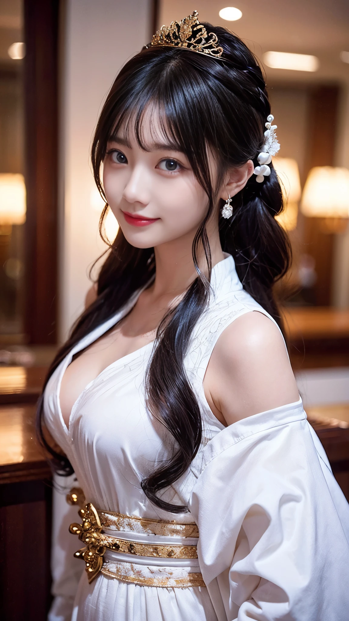 (masterpiece:1.3), (8K, Photorealistic, Raw photo, Best image quality: 1.4), Japanese 、Take a full-body photo,White kimono、Red long skirt、Shrine maiden、Cute costume,Japanese hairstyle,crystal,Natural color lip,(Random Hairstyles:1.2)、Cleavage:1.2、Super detailed face、Attention to detail、double eyelid、Put your chest together、Sharp focus:1.2、Beautiful woman:1.4、Black Hair、highest quality、masterpiece、超A high resolution、(Photorealistic:1.4)、Highly detailed and professionally lit smile、