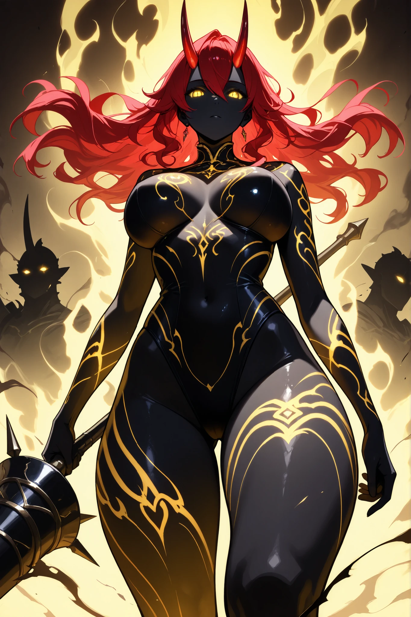 (masterpiece),(absurdres),(ultra detailed),(beautiful detaile),(closeup, lance stance、holding lance、from below,shadow,light yellow aura、glowing eyes,),(shadow、glowing、aura、black skin、glowing skin、aura skin、mist、void、dark fantasy)、glowing eyes,thick thighs, ethereal, floating hair, totally black skin, glowing eyes, ghost, black skin, glowing skin, aura skin, smokey skin, dark skin, misty and wispy, swirling smoke, ethereal, red and yellow,(solo woman),(26-year-old),(big breast:0.9),(wavy hair),(long red hair:1.1),hair between eyes,(()),(yellow eyes),(()),(red horns of a Oni to forehead:1.1),椛