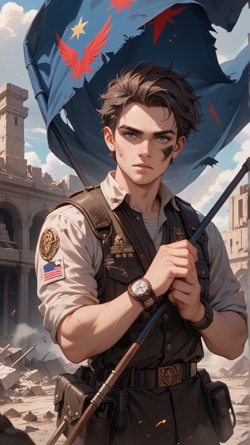 "A powerful and emotional portrait of a young Palestinian boy standing in the middle of war-torn ruins, holding a Palestinian flag firmly in his hand. Behind him, the iconic Dome of the Rock rises under dark, smoky skies, symbolizing resilience amidst destruction. His clothes are dusty and worn, but his eyes are filled with strength, determination, and silent defiance. A cinematic, high-resolution, dramatic scene capturing the innocence of youth in the face of brutal conflict