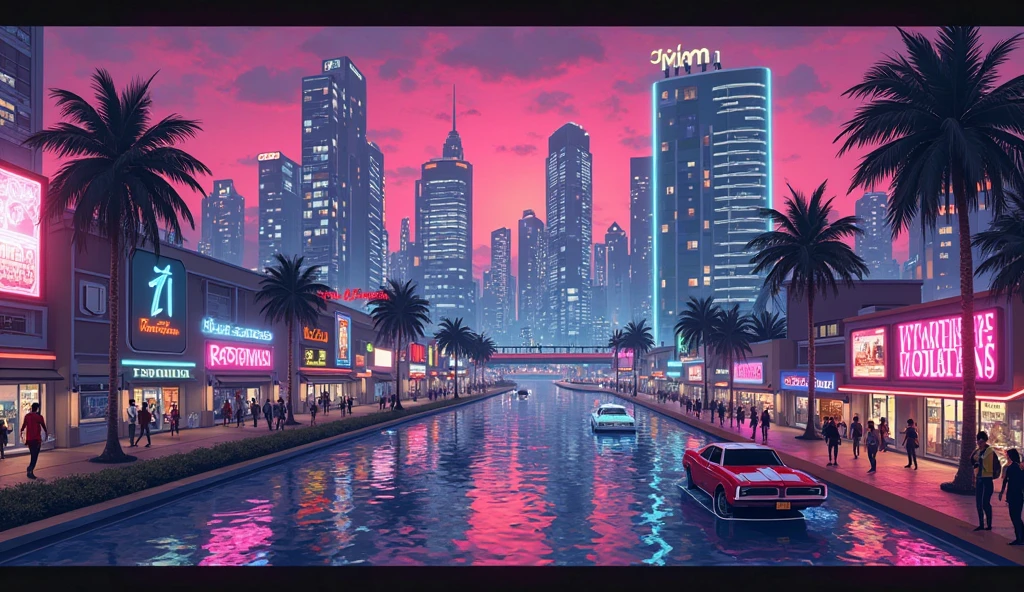 80s-style night city of Miami in pixel art 