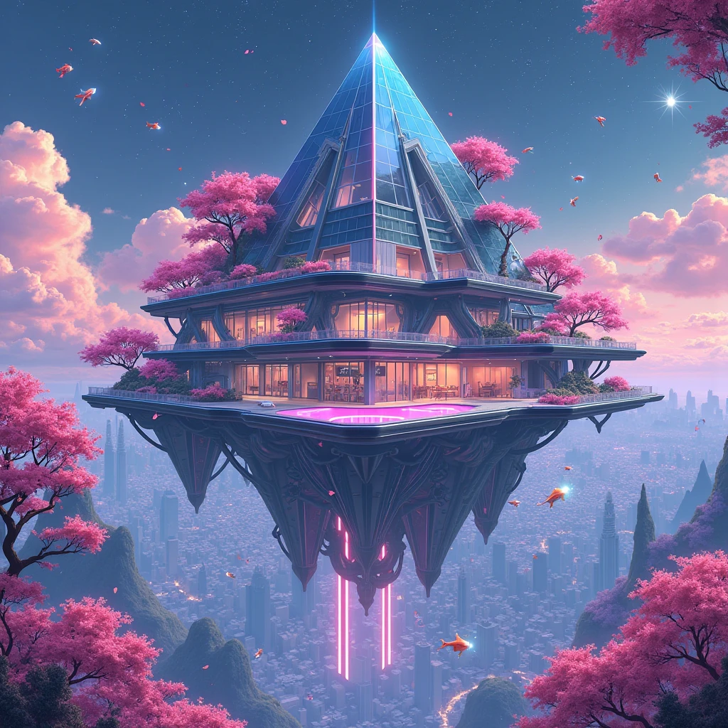 *"A futuristic anime-style mansion with 30 rooms, floating on a magnetic field above a neon city. The design blends sleek cyberpunk aesthetics with Studio Ghibli's warmth. 500 battle robots patrol the area—some look like sleek mecha (Gundam-inspired), others are cute but deadly (like 'Neon Genesis Evangelion' angels). 50 domestic helper robots resemble chibi maids and butlers with glowing eyes.

Key Features:

Main House: A glass-and-steel pyramid with cherry blossom trees growing on floating terraces (like 'Castle in the Sky' but high-tech).

Free Fire Arena: A holographic battlefield where players wear VR headsets and shoot colorful laser beams (think 'Sword Art Online' meets 'Fortnite').

Gaming Rooms: 10 vibrant rooms with anime-style gaming setups (RGB lights, posters of virtual idols, and cat-ear headphones).

Infinity Pool: Water glows pink under a starry sky, with robotic koi fish swimming beneath the glass floor.

Cinema Room: Cozy bean bags and a giant screen playing holographic anime (like 'Doraemon' future gadgets).

Style: Studio Trigger meets Makoto Shinkai — bold colors, dramatic lighting, and exaggerated sci-fi details. Soft glow on neon signs, cherry petals floating in the air, and a cute AI cat-eared hologram guiding guests.

Add --niji 6 --ar 16:9 (for MidJourney's anime mode)."**