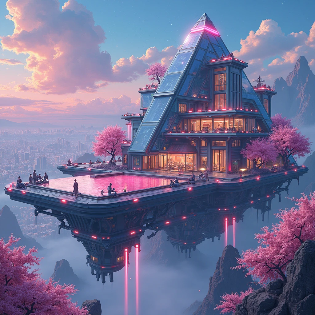 *"A futuristic anime-style mansion with 30 rooms, floating on a magnetic field above a neon city. The design blends sleek cyberpunk aesthetics with Studio Ghibli's warmth. 500 battle robots patrol the area—some look like sleek mecha (Gundam-inspired), others are cute but deadly (like 'Neon Genesis Evangelion' angels). 50 domestic helper robots resemble chibi maids and butlers with glowing eyes.

Key Features:

Main House: A glass-and-steel pyramid with cherry blossom trees growing on floating terraces (like 'Castle in the Sky' but high-tech).

Free Fire Arena: A holographic battlefield where players wear VR headsets and shoot colorful laser beams (think 'Sword Art Online' meets 'Fortnite').

Gaming Rooms: 10 vibrant rooms with anime-style gaming setups (RGB lights, posters of virtual idols, and cat-ear headphones).

Infinity Pool: Water glows pink under a starry sky, with robotic koi fish swimming beneath the glass floor.

Cinema Room: Cozy bean bags and a giant screen playing holographic anime (like 'Doraemon' future gadgets).

Style: Studio Trigger meets Makoto Shinkai — bold colors, dramatic lighting, and exaggerated sci-fi details. Soft glow on neon signs, cherry petals floating in the air, and a cute AI cat-eared hologram guiding guests.

Add --niji 6 --ar 16:9 (for MidJourney's anime mode)."**