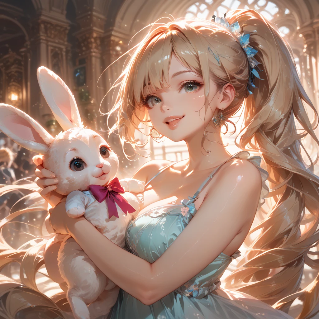 Masterpiece, top quality, absurd, high resolution, cinematic composition, ultra detailed, high quality,shallow depth of field,(dramatic close-up),upper body ,dancing,holding Stuffed rabbit,camisole, very Joyful,pale blonde eyes,beautiful eyes,detail eyes,very long hair,ponytail,plump lips,happy smile