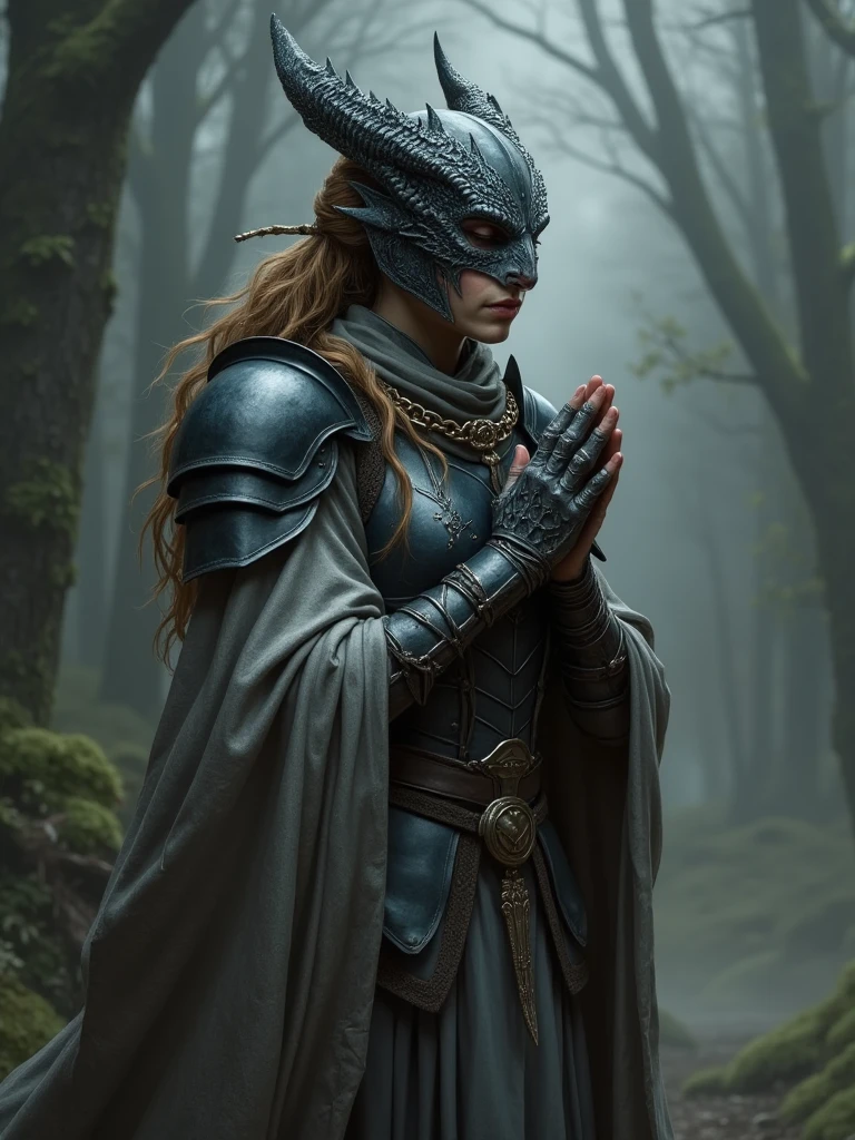 A full body art of a Female Topaz colored dragonborn Cleric with a feminine face wearing torn gray robes beneath a dull black feminine plate armor bearing the symbol of Talona and wearing a black metal blindfold covering her upper face while praying surrounded by foggy darkness