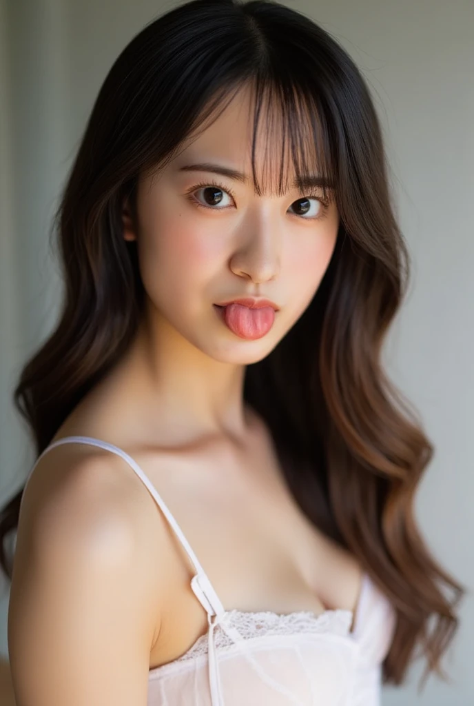 (Highest quality、Tabletop、8k、Best image quality、Award-winning works)、1. pretty girl、(Sexy white micro :1.1)、Perfect girl portrait photo、Glowing Skin、Brown Hair、(Cleavage:1.1)、Standing Elegantly、(Face close-up:1.1)、(Open your mouth and stick out your tongue:1.2)、(Perfect beautiful tongue:1.2)、Cute Smile、(The simplest beige background:1.1)