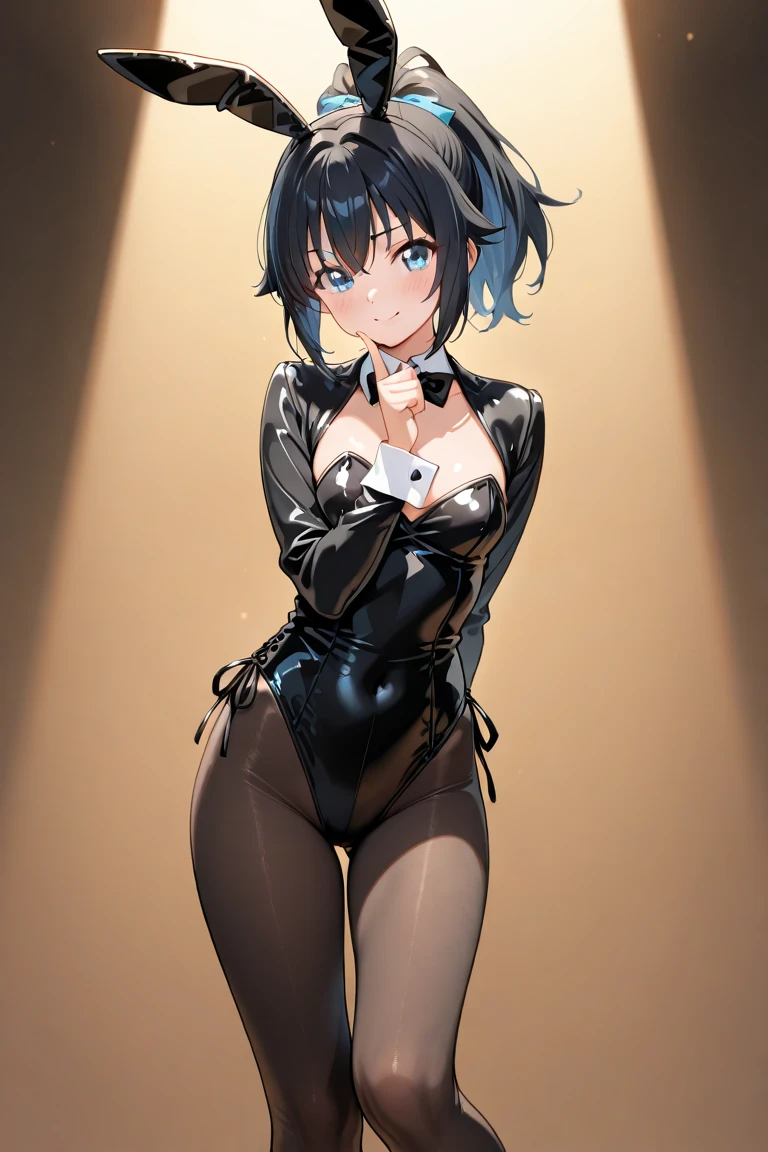 1girl, breasts, armpits, solo, pantyhose, animal_ears, playboy_bunny, necktie, arms_up, necktie_between_breasts, large_breasts, fishnets, sweat, detached_collar, fishnet_pantyhose, rabbit_ears, between_breasts, leotard, blue_eyes, tail, black_leotard, black_necktie, blush, cleavage, closed_mouth, rabbit_tail, looking_at_viewer, fake_animal_ears, covered_navel, short_hair, eyes_visible_through_hair, highleg, bangs, cowboy_shot, blue_hair, strapless_leotard, bare_shoulders, highleg_leotard, arms_behind_head, hair_over_one_eye, strapless, thighs, fake_tail