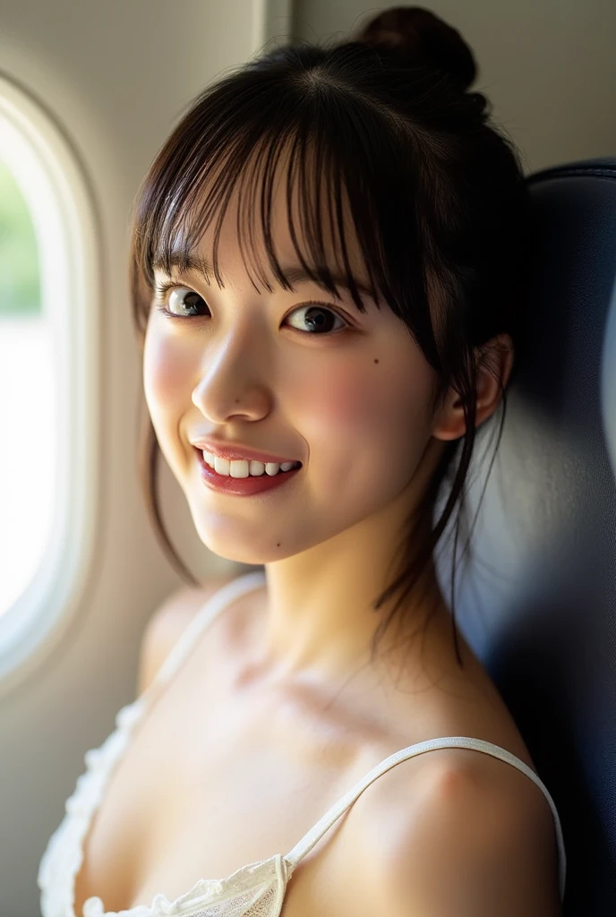 One Girl, (Beautiful girl, Delicate girl:1.3), (13 years old:1.3), break, Very beautiful eyes, (Symmetrical eyes:1.3), break, Small breasts, Brown eyes, Parted bangs, Brown Hair, (Upper teeth, The best smile:0.2), break, (Eye and facial details:1.0), break,Single eyelid, beautiful girl, 13 years oldの女の子(最high quality,masterpiece:1.3,Ultra-high resolution),(Very detailed,Caustics,8k),(Realistic:1.4,RAW shooting),Japanese,cute,Stewardess Uniform,Black short hair,tights,Smiling and looking up at the camera,big ,Sit in your seat,Inside the plane,High position,High Angle,Face Focus,Natural light、Soft Light、high quality、Film Grain、Fujifilm XT3 、Shallow depth of field、Natural soft light、Kamimei、
