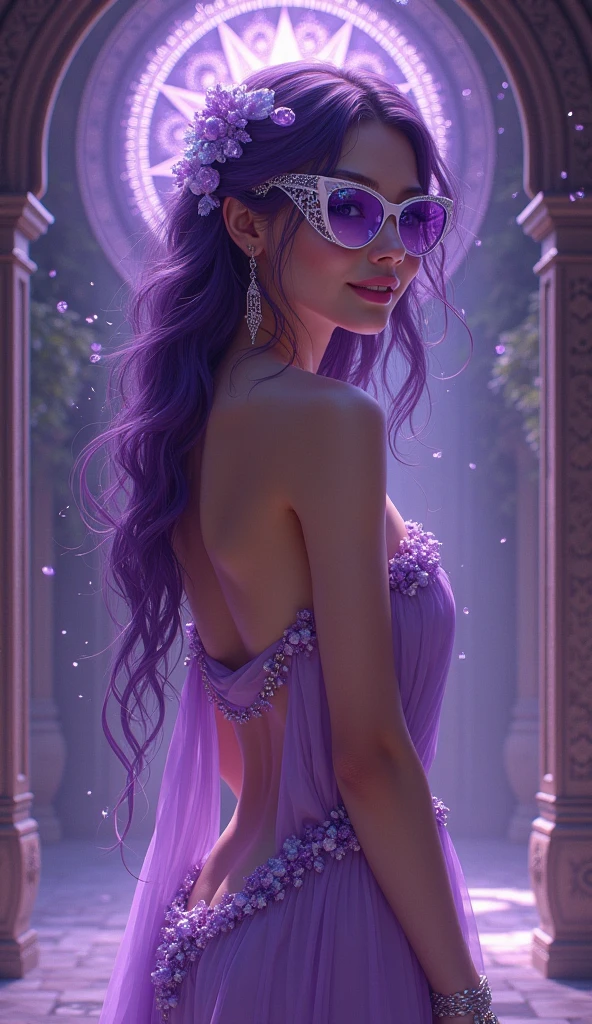 high quality walkers, 8K Ultra HD, Sharp lines  ,sharp focus, การเปิดรับแสงสองครั้งที่สวยงามของ A hyper-realistic 4K Art Nouveau digital painting of a ???? goddess of amethyst, she smiles cutely, her body ?????, her hair flows like a mystical aura, adorned with deep violet amethysts and glowing runes, surrounded by intricate purple and lavender gemstone patterns. she has very deep black hairy ?????. SHE WORE LUXURIOUS WHITE FRAMED GLASSES WITH DARK PURPLE LENSES..
