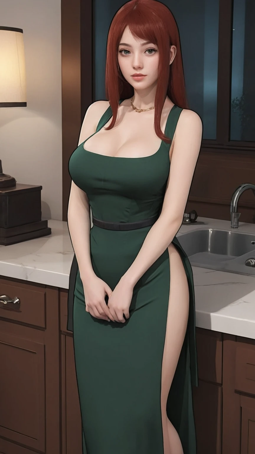 (best quality:1.3), (4k quality),(sharp image), Kushina, ((Detailed face)), ((masterpiece face)),((perfect detailed eyes)) (blush), Kushina, red hair, red long hair, blue eyes, pink lips, sly face, face with stern features, ((detailed face)), perfect face, highly detailed eyes, masterpiece, absurdres , (intricate details), (colorful),cinematic lighting,extremely detailed CG unity 8k wallpaper , 1girl, solo,mature female, erected tits, green apron , kitchen,(( medium erected breast with small nipples)), standing in seductive pose, pulling up her apron and showing her red thigh thong