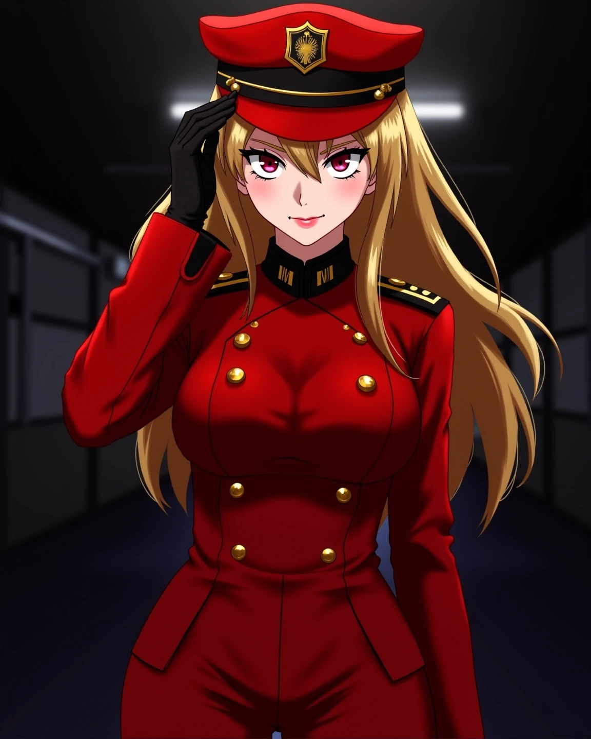 Girl with long blonde hair, hair down, red lips, blonde fox ears and tail, big breasts, wearing a highschool uniform