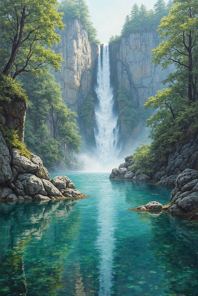 Make a beautiful realistic painting of a lake with crystal green water and a beautiful waterfall in the background 