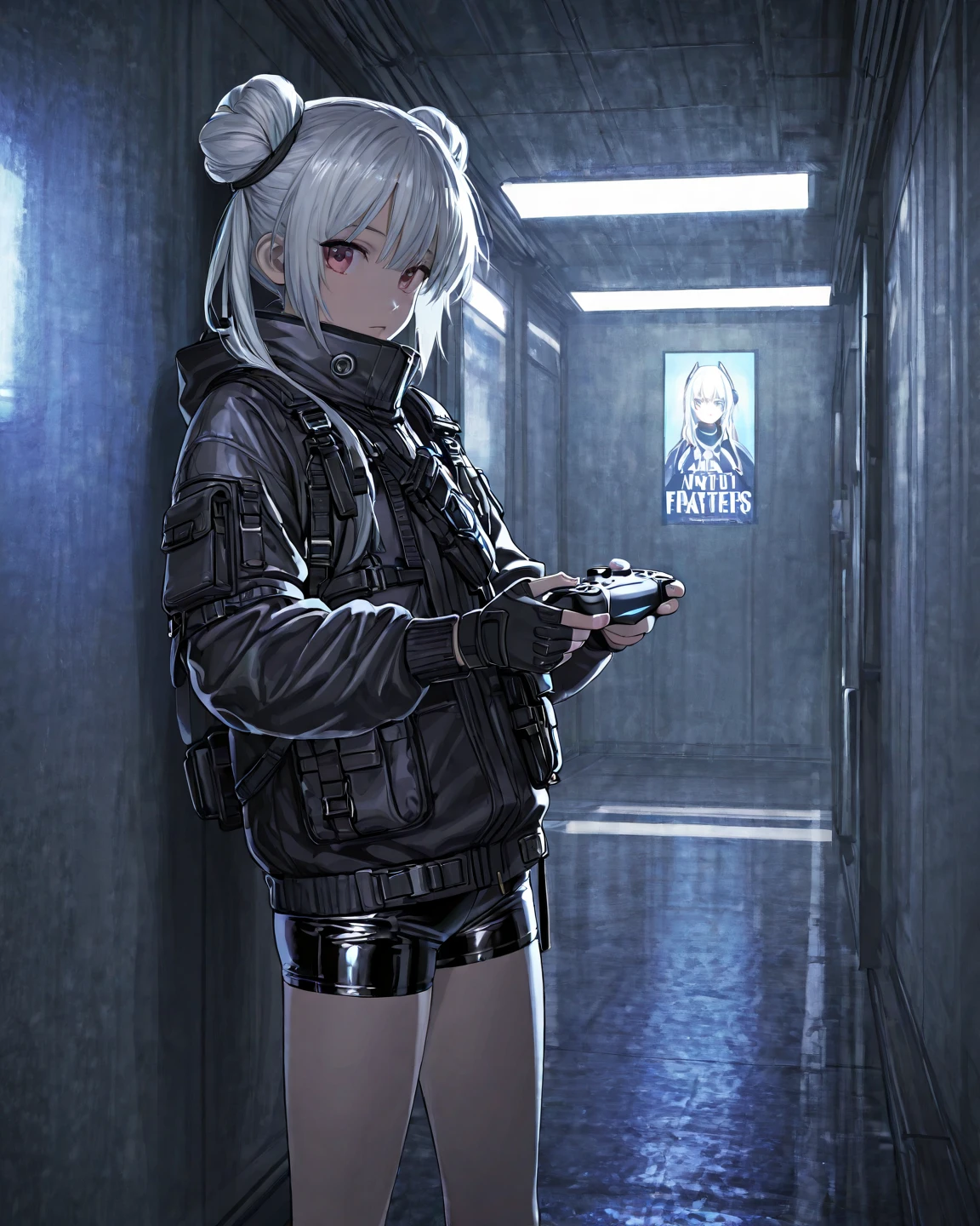 A hyper-realistic、ultra-detailliert、top-quality、hight resolution、Goddess of winter Japan in thick white poncho sitting in snowy ruins、Looking at a tablet、A big white gun is lying.、long hair of very heavy and voluminous white color,,,,,,,,,,,,,、Large goggles with antennas on the forehead、Wearing a necklace with a military tag from neck to chest、Attractive thighs like a female wrestler、The chest is covered with a white poncho