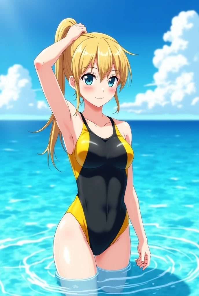 (A girl wearing only a basic swimsuit with gold lamé and pumps is squatting with her legs wide open to show her crotch:1.5)、(The shoulder area of the swimsuit is a tank top type without decoration)、(The waist of the swimsuit is a high-cut leotard type)、(Swimwear has a shiny texture)a blond a smile