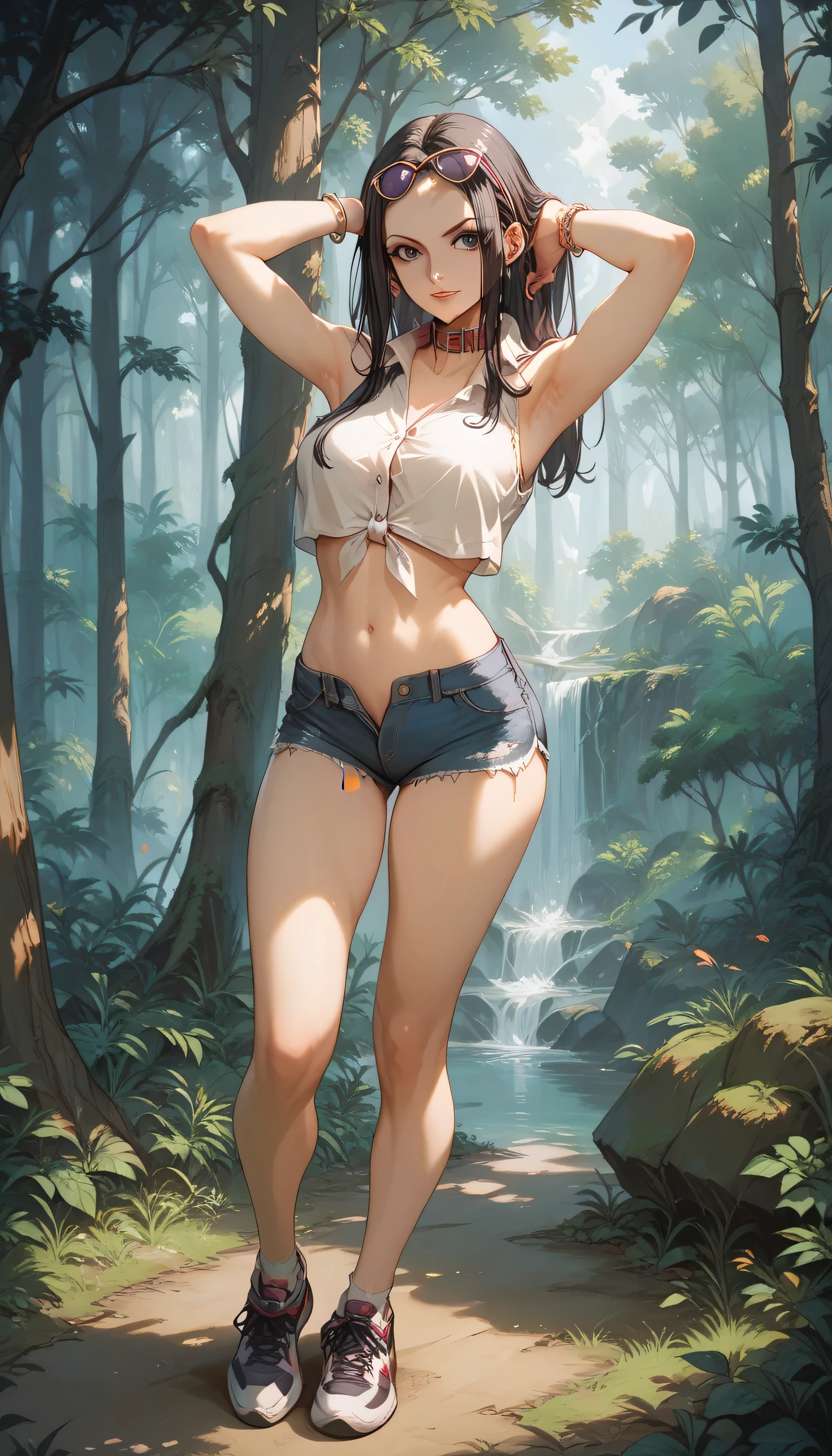 A full body image of HinaUai, black hair, with a sleeveless, collar and button shirt that reveals the navel, wearing denim shorts, armpits , bracelet, in a forest , sports shoes