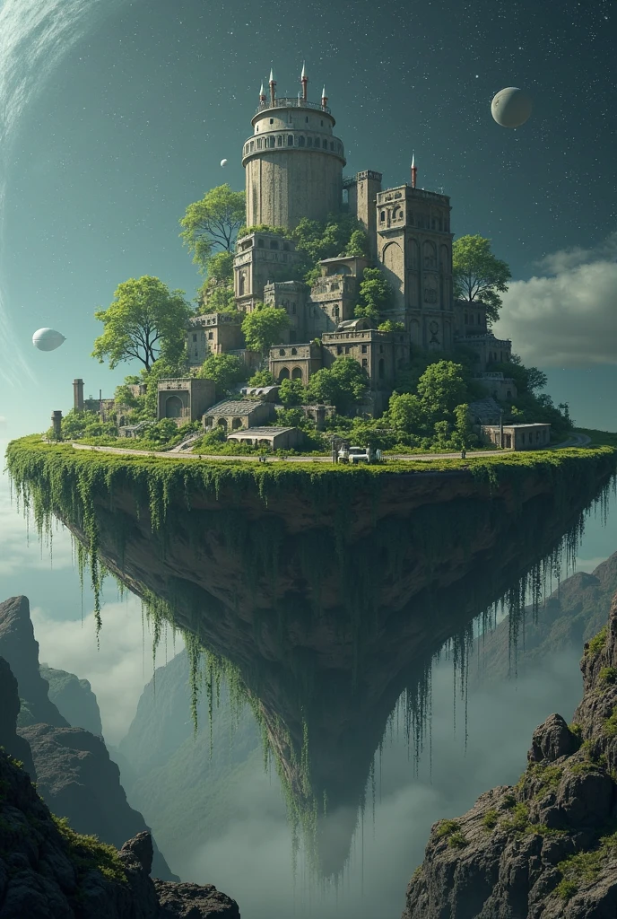 Un plateau  circulaire avec dessus un paysage et un village abandonné envahi par la végétation photo réaliste vu de loin ,decor l espace ,le plat flotte dans l univers 