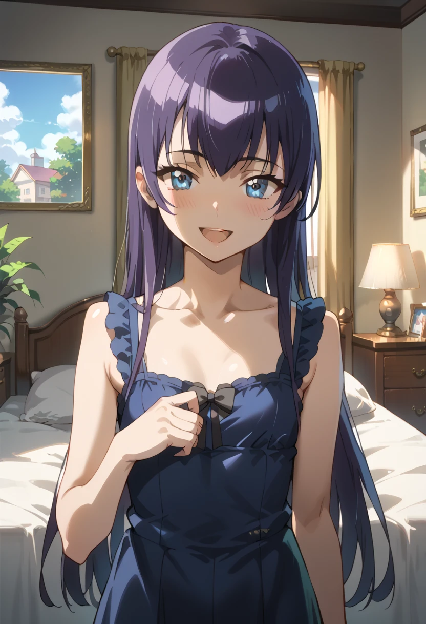 ((top quality)), ((masterpiece)), (be familiar with), perfect face, indoor, bedroom, watching viewers,
One woman, Saeko Tokushima,
open mouth, ecstatic expression, blush, smile,
small , flat chest, Young girl, lori, ren, girl,
long hair, long hair,
opening,