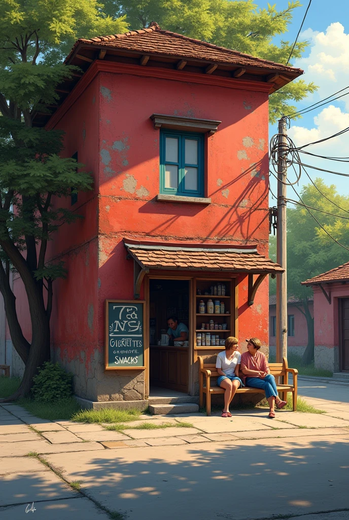 On the outskirts of a quiet city, a red old building stands with faded walls, its charm and aura still evoking a sense of nostalgia. In front of the building, on the side of the road, there’s a small tea stall. A wooden bench is placed outside, where a few friends are gathered, chatting away. The signboard of the stall reads 'Tea, Cigarettes, Snacks,' adding a simple yet lively touch to the scene. The aroma of freshly brewed tea and the faint smoke of cigarettes linger in the air. The sound of their laughter and stories fills the peaceful surroundings. The friends are reminiscing, sharing new tales, enjoying each other’s company. The soft sunlight casts its glow on the tea stall, while the shadows of nearby trees stretch across the ground. The old building, standing as a silent witness, adds to the tranquility of this moment, as the warmth of friendship envelops the small gathering. The entire scene feels timeless, as if it’s suspended in a peaceful embrace, frozen in this serene moment."