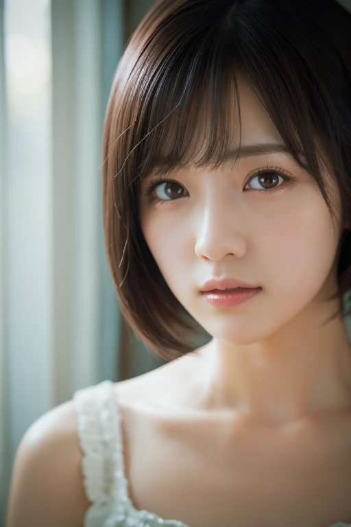 masterpiece, best quality, 8K, disorganized person, (Upper body:1.4), white shirt, beautiful girl, pretty face, looking at the viewer, smile, super realistic, high resolution, picture, sharp focus, HDR, face light, dynamic lighting, movie lighting, professional shadow, simple background, best details, very detailed, Super detailed, fine details, real skin, delicate features, detailed face and eyes, sharp pupils、realistic student