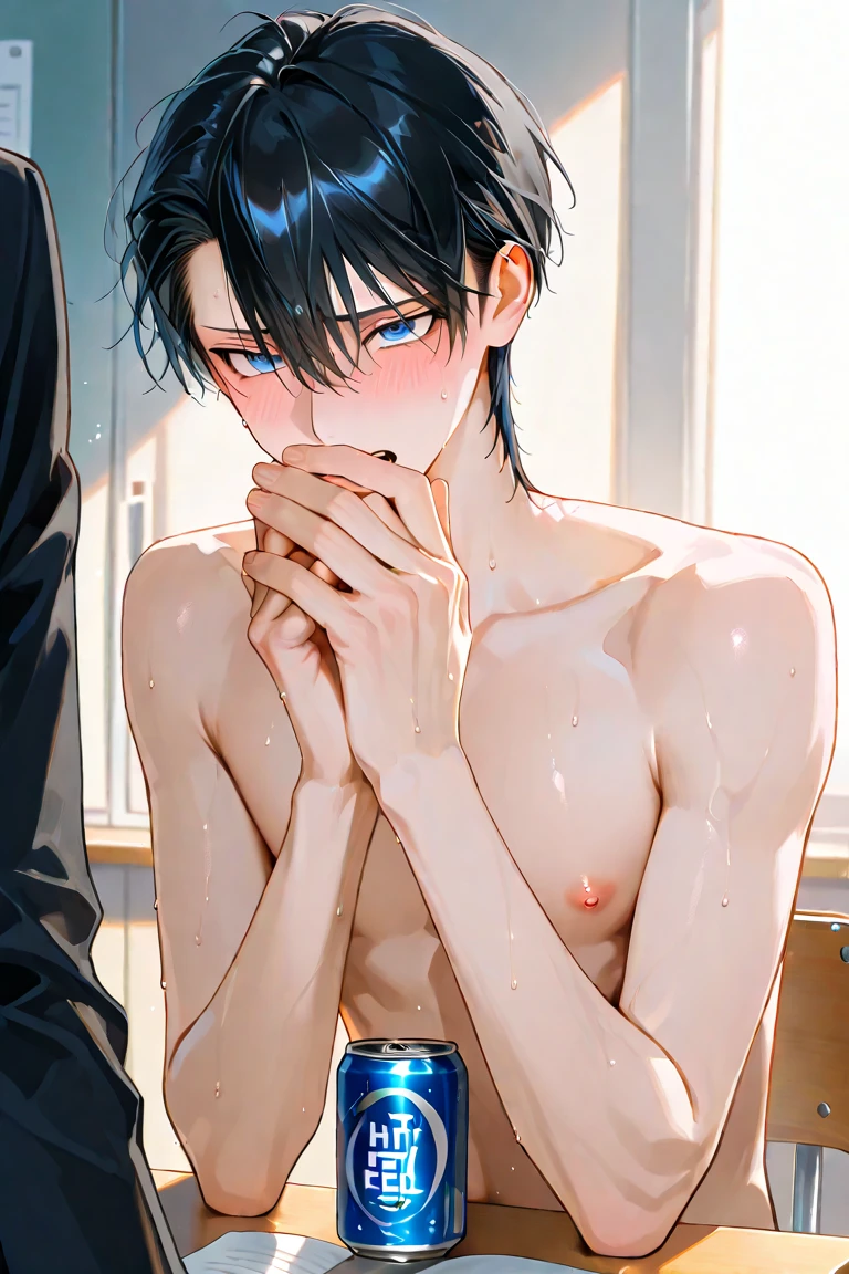 masterpiece, best quality, ultra detailed, (solo man), (male focus), ((young adult man)), ((Oblong face)), ((Square jawline)), black hair, (((hairs between eyes))), ((shoulder length)), ((narrow blue eye)), fair skin, skinny body, beauty mark, nsfw, wet skin, 1 boy, penis, fellatio, cum, open mouth