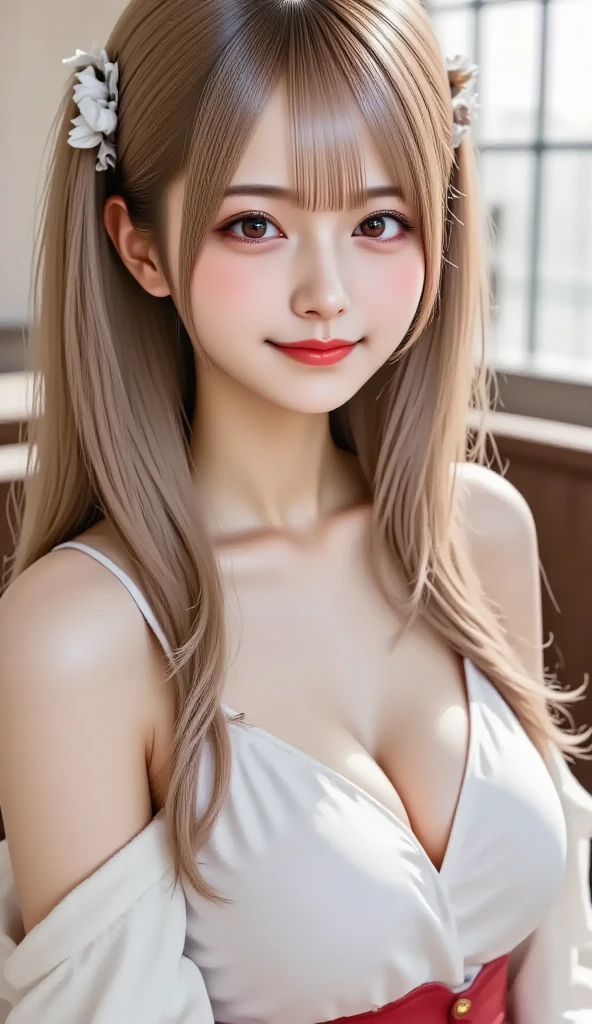 1 girl, シースルー,セクシーなセーターを着ている, オフショルダー, silver straight hair, blonde, medium long hair, headband, she is AYA MIYABI, Bishojo, looking at viewer, she is famous Japanese idol, kawaii, (mascara), eyeliner, almond eye, natural eyebrows, thin lips, Natural color lip, extremely detailed skin, fair skin, smile, cute, realistic face, slender face, beautiful skin, flat chest, clavicle, slender body, Forehead, delicate thighs, skinny legs, lean legs, Best quality, (8k, RAW photo, best quality, childish face, masterpiece:1.2), ultra-detailed, (realistic, photo realistic:1.37), high detail RAW color photo, an extremely delicate and beautiful, extremely detailed(Selfie:1.1), finely detail,