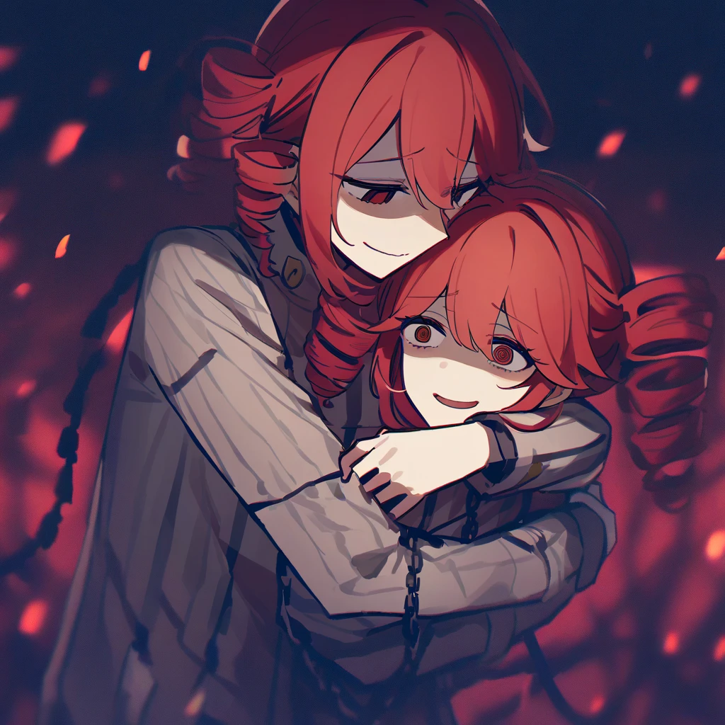 Girl with red hair red eyes red horns with a pink hair blue eyes hugging beaten and small crying