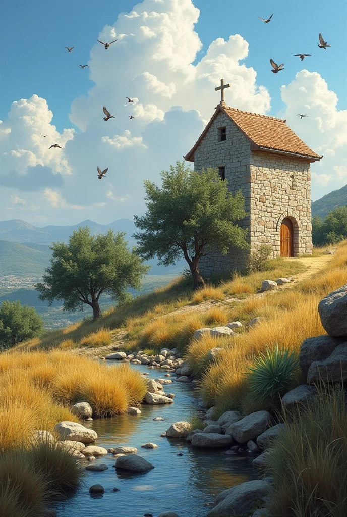 on top of the hill, there is a small stone chapel, with a simple and elegant cross. Ao redor, ancient olive trees rise,  symbolizing peace and hope . The soft sound of a nearby stream complements the tranquility of the environment, while birds sing happily in the trees.
