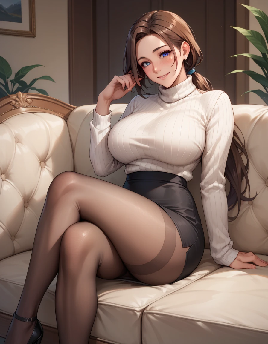 masterpiece, best quality, highres, ultra-detailed, <lora:ShaulaV12-000080:0.8>, Shaula, 1girl, pantyhose, cleavage, skirt, sitting, large breasts, underwear, shirt, panties, looking at viewer, smile, black skirt, red shirt, hand on own chest, pencil skirt, black pantyhose, blush, chair, panties under pantyhose, collarbone, spread legs, thighband pantyhose, red background, pantyshot, extra pupils, red pupils, three pupils