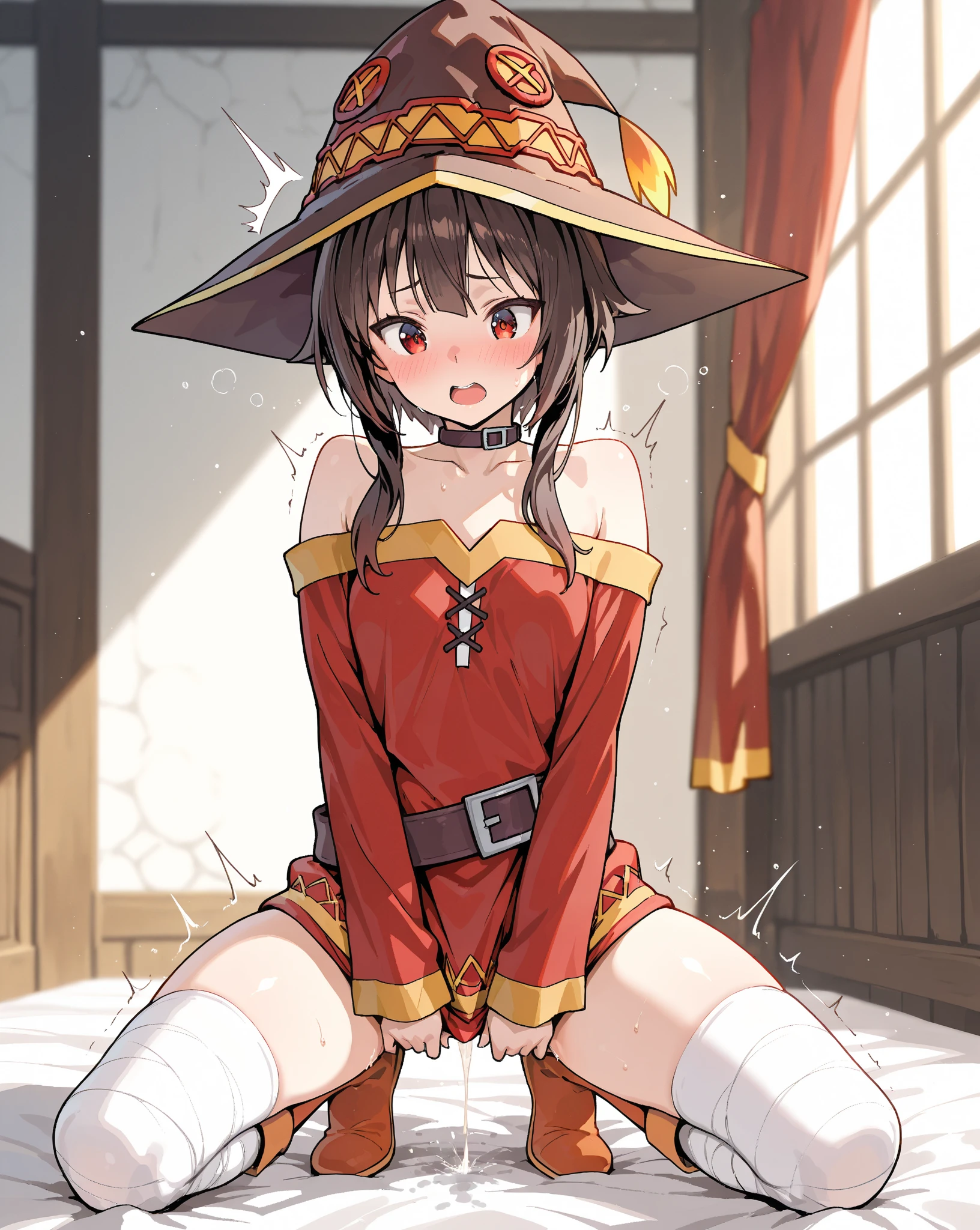 NSFW、Masterpiece、Detailed、Cute smile、((Sweat))、Casting Magic, explosion, whole body, Are standing, boots, Megumin, Megumindef、Nipples、(((Love juice)))、hat、pussy、((Squirting))
