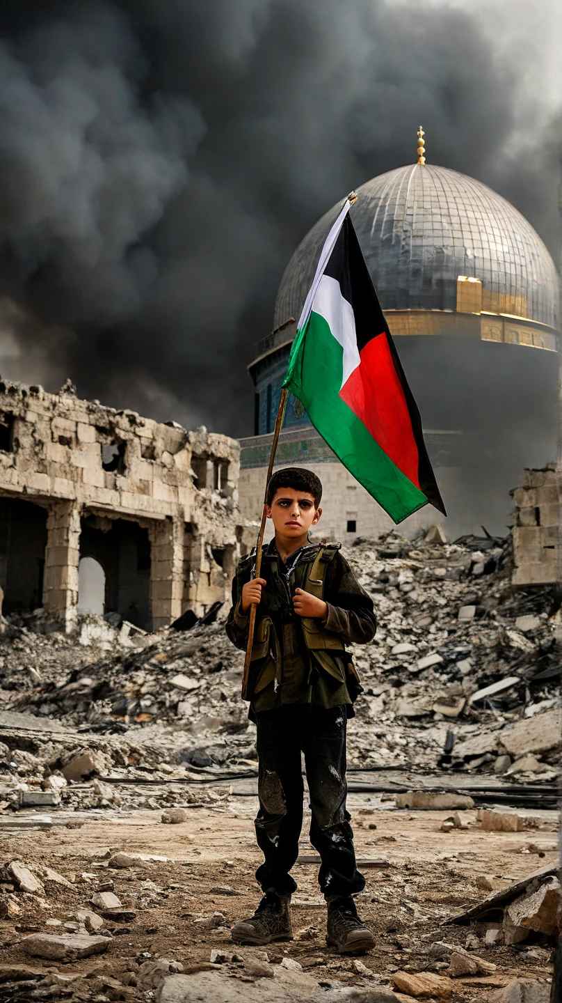 5 year old boy standing in destroyed building holding Palestinian flag with sad face