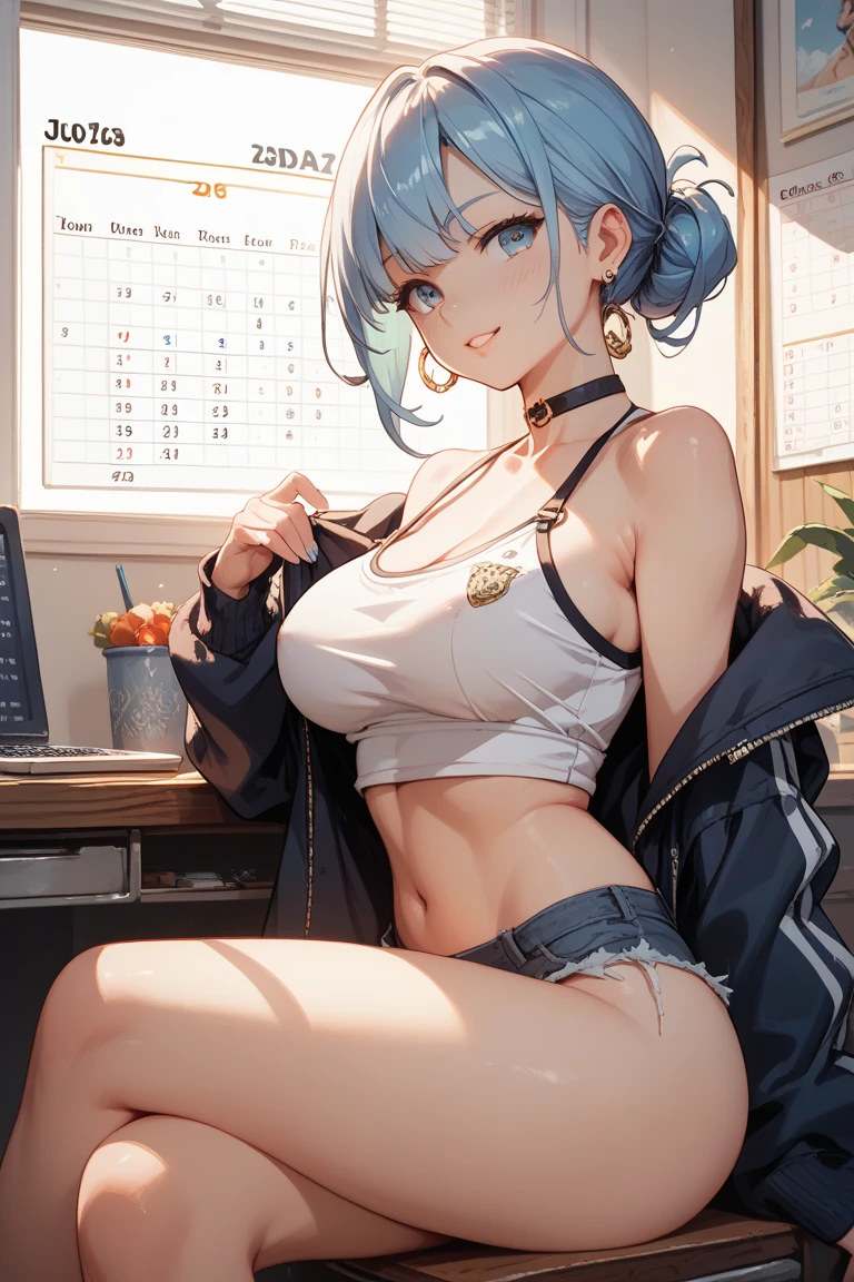最high quality、best image quality、masterpiece、girl((20-year-old、 By becoming、vest bust、medium bust,wide open breast tea、shining eyes, neon hair、long hair、thin,highest valley、Damaged Denim Shorts、black navel shirt、Damaged Denim Jacket、smile、full body tattoo,diamond earrings、Wristband、necklace、I have headphones、leaning forward、elation、have a controller、lean against the wall)),high quality、beautiful art、background((game room、red lighting、green lighting、virtual))、Flight、debris flies、Depth of written boundary、movie、visual art、perfect art、8k,genuine、