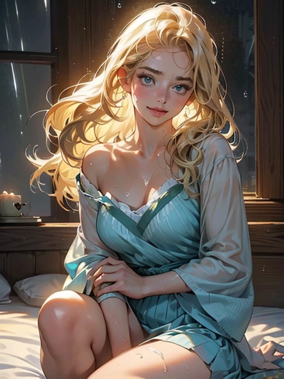 (Leica 10772 M-P, 85mm macro lens, F/8 aperture, film still), (RAW shooting, Photoreal:1.5, 8K, highest quality, masterpiece, ultra high resolution), bed room, Highly detailed skin and facial textures:1.2, Japanese girl, 22 years old, wavy hair, Fair skin, white skin, Emphasize the cleavage, super short cut hair, (blond hair:1.3), (blue dress:1.3), (rain drips all over my body:1.2, wet body:1.4, wet blond hair:1.3), grin, squinting dazzlingly, milk, milky white, beautiful brown eyes, Eyes that feel beautiful eros, (sweat like a pig:1.3), colossal tits, cowgirl position, open legs, on bed, smile