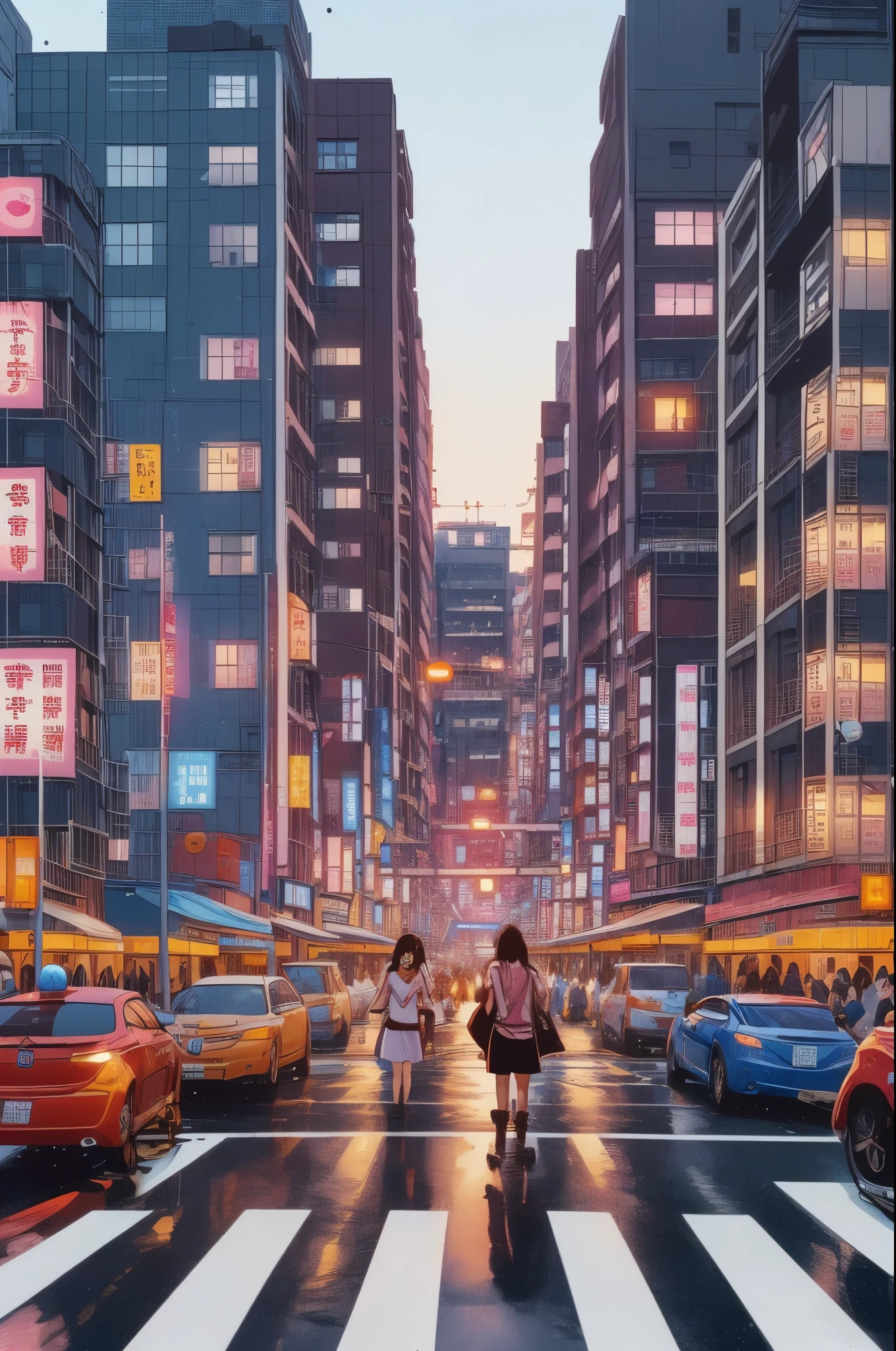 Background only: Anime Modern Frozen city street at golden hour, time completely stopped: (ice coffee droplets suspended mid-air:1.4), (glowing smartphone screens displaying '00:00':1.3), sakura blossom, (floating cherry blossom petals:1.2). (Blue energy cracks:1.3) pulse from the ground near the character’s feet. (Motion-blurred cars:1.2) in background, pedestrians walking, (pedestrians frozen mid-step:1.1). Cinematic depth, volumetric light, ultra-detailed 8K. ((pedestrian hell)), ((busy street in taiwan)), vanishing point, taipei road, scooter, motorcycle, wind, trees, crowd, cityscape, shopping, storefront, signboard, building, greenery, colorful cloudy sky, flare, fog, wet