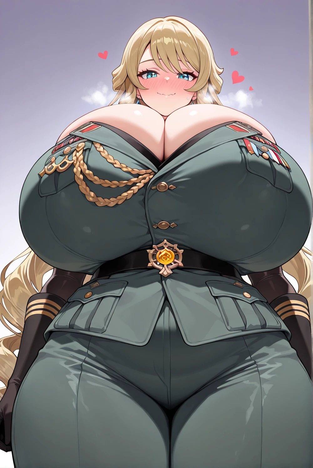 A girl who wears military clothes, brown heirs, gigantic breasts, anime cartoon, german third reich, long heirs,((highest quality)), ((masterpiece)),details, bleu eyes