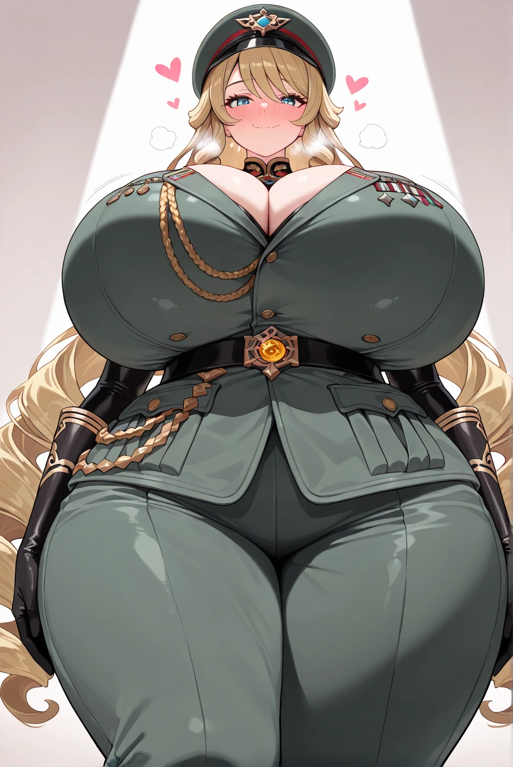 masterpiece, huge tits, circle hair bangs, best quality, sonyablade, 1girl,  lizarunecastle, green eyes, black choker, blonde long hair, cleavage, closeup, smile,  simple background, full body,