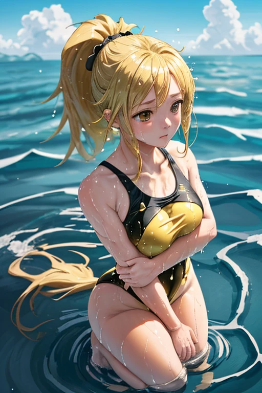 Yayoi Kusama, (dark skin: 0.5), (tanlines:1.1), (school swimsuit tan:1.2),(gyaru:1.3), fusion of nipple seal and low-rise shorts, small, female brat, thick eyebrows, thin waist, pigtails, beautiful blonde hair, braid, rabbit ears, (masterpiece), ((highest quality)), (super detailed), girl, clean and detailed face, five fingers, Textile shading, perfect human structure, perfect anatomy,