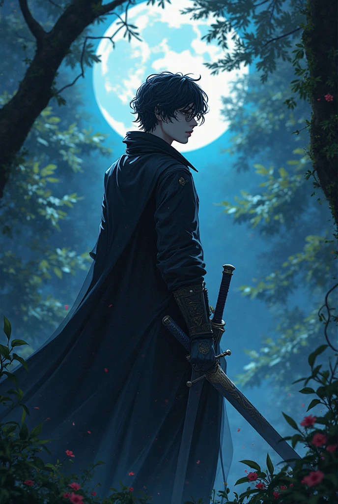 Digital image in the Mana style/الويبتون، بأسلوب رسم المانها الصينية ،باسلوب خطوط نظيفة و الوان تجمع بين الانمي و الواقعية

راشا  Personality  الرئيسية(The hero ):

 height : 1.80 cm, with a slim, elegant and lean body that does not contain muscles

Features :, has a cold, expressionless face, with dark brown, dark brown eyes, thin lips that tend to be dark pink, glasses, pale white skin, charcoal-black hair that reaches the bottom of the neck and is disheveled with untidy dark blue highlights, raised bangs and some rebellious strands falling on his forehead.

 Personality : Cold and smart, lazy, does not like sports, strong-willed, indifferent, does not care about anything, an internal psychological struggle between showing feelings and not paying attention to them. He is free, works as a lone mercenary, a lone wolf

The scene: He stands in the middle of a rain forest, elegantly and reverently, while holding a sword in his hand, in front of him, another nobleman with a sword in his hand, a little taller than Rasha, with short black hair, white skin and gray eyes.

back: In a forest, the moonlight reflects on their shapes. The colors are well mixed and consistent.

Apply every sentence I wrote in the picture, check the description and apply it in a picture, high quality, no departure from the description, apply it to the letter.