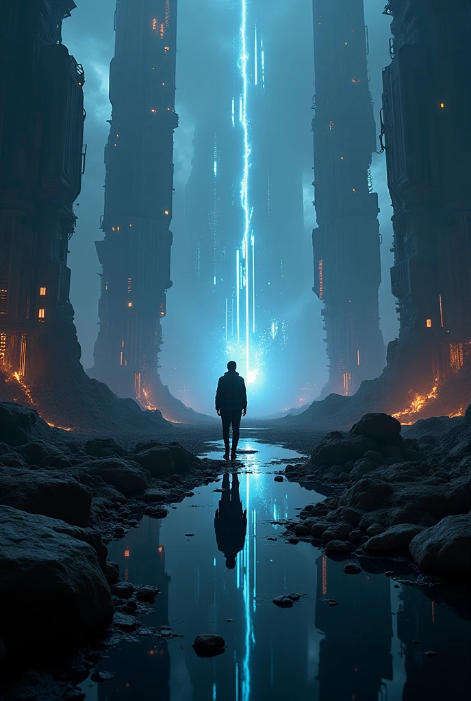 Title name with "existence" with cinematic Font and dark sci fi cinematic photo in background 