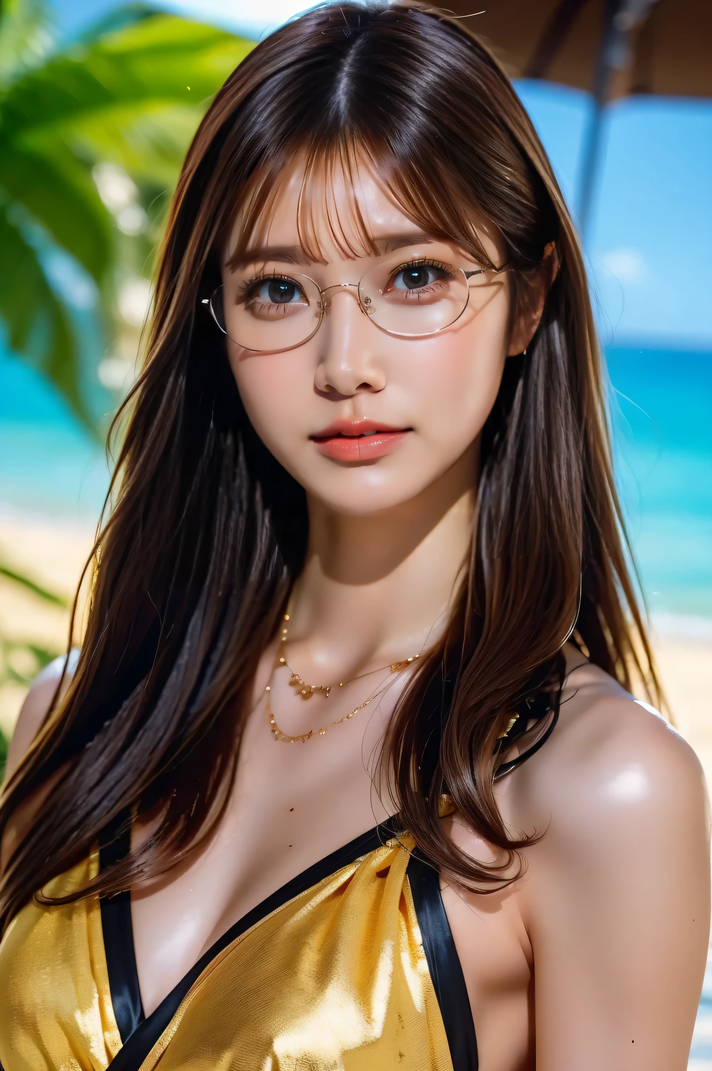 Zaira, a woman, brown hair, tez mate skin, (Zaira, radiant woman, vibrant hair, bright Eyes!). (Zaira, sophisticated woman, its elegance is natural, his gestures are refined, your posture is, graceful.) Zaira tender: soft smile, upward curved lips, warm eyes. (tender: sweet smile, upward curved lips, warm eyes.) ((extremely tight breasts.)):1.2, very busty, side_tits , ((full breasts, massively packed)):1.1, thin reduced waist, very large curvy butt)):1.1, Strong legs, strong body from the train in the gym, ((Eyes color "Honey", body sculpture)):1.1 ((curvy body, splendid body))1.1, Beautiful face, extremely ultra detail of eyes, extremely ultra detail of nose, extremely ultra detail of lips, extremely ultra detail of face, extremely ultra detail of hair, extremely ultra detailed eyelashes, extremely ultra detailed eyebrows, skin ultra exremely real detayl, (beautiful design glasses). Ultra hyper tight breasts. Extremely High Heels. wears her hair down, wavy. (((on a beach in Cancun, with a bikini, a special exclusive bikini model (panty tanga and a bra))):1.2
