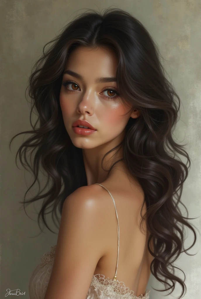 Skinny woman with long curly black hair with brown eyes 