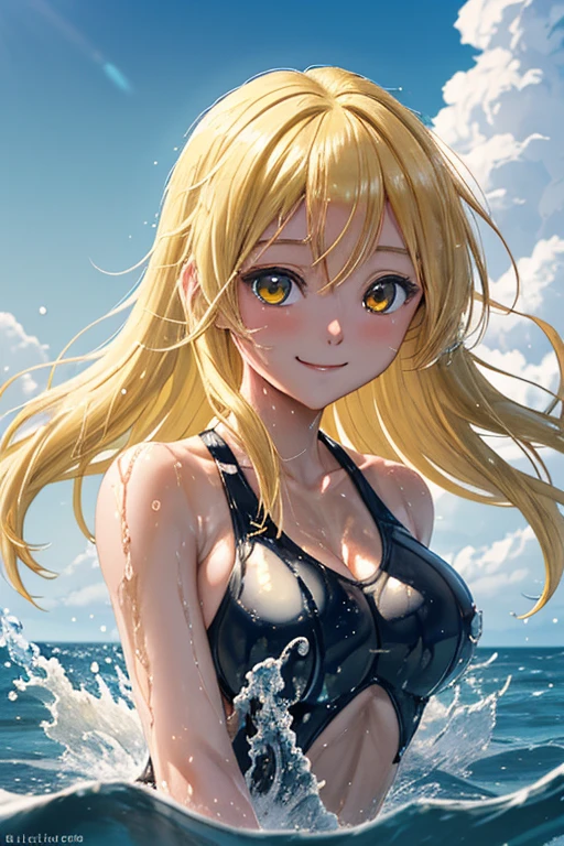 Top Quality, 8K, High Definition, 1 Girl, Swimsuit, (Portrait:0.6), (Bodysuit:1.1), Gorgeous, Blonde, Long-haired,(View Viewer:1.3), (Bokeh), (Dynamic:1.2), (Smile:1.3), (Surfing:1.3),(Big wave:1.3),Surfboard, Surfboard, Surfing, SFW