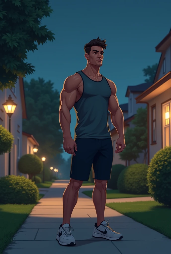 Brunette male, 1.Height 76, Black Hair, Dark Eyes, Tapered nose, An athletic body, Light scars on his hands, On the cobblestone streets, White brick house, Blue and Yellow, On a sunny day. Rich in detail、Mainly focused on humans.  INTP